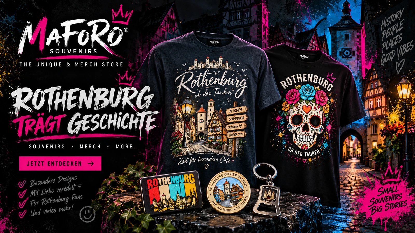 Original MaFoRo Shop-Grafik mit Rothenburg-Shirts, Magneten und Schlüsselanhänger
